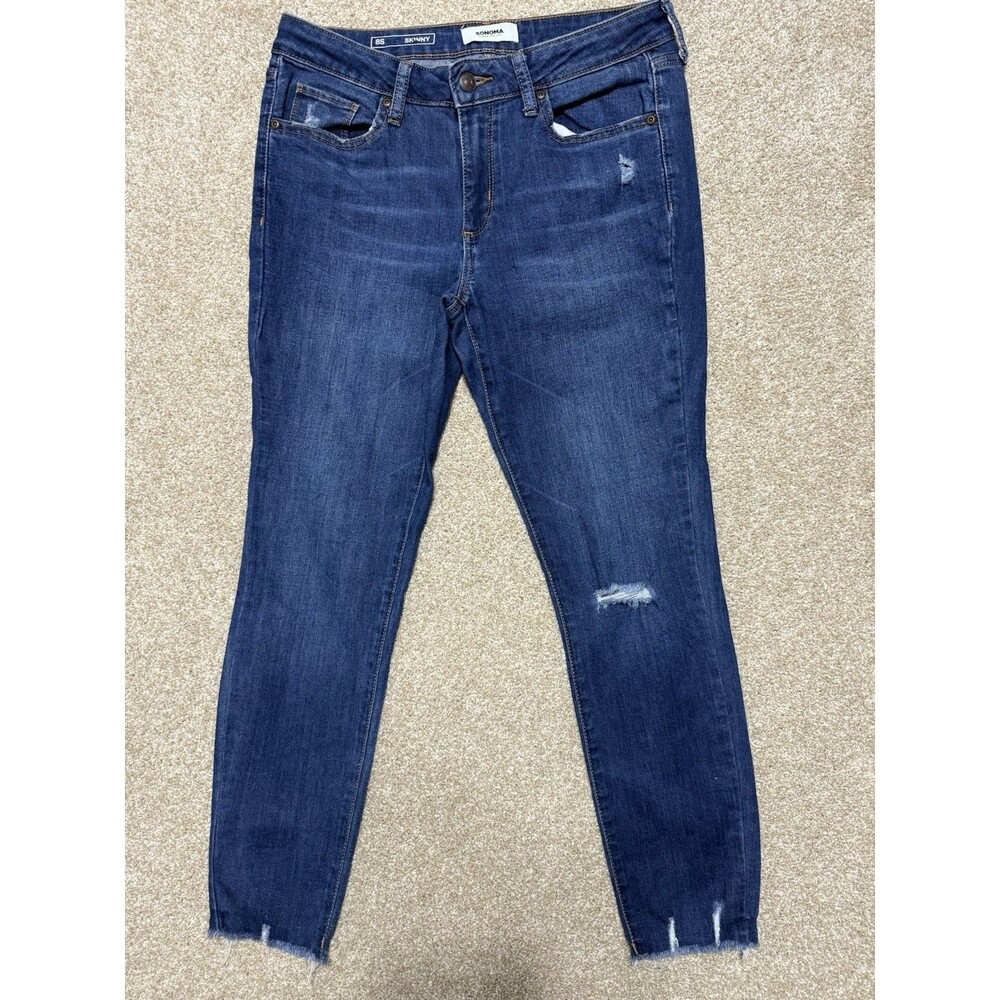 Sonoma Skinny Size 8 Short Women’s Dark Wash Distressed Raw Hem Jeans Blue